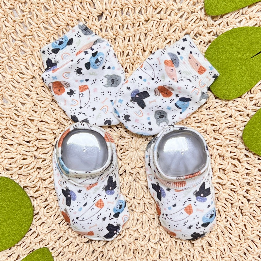  Kit Luva e Pantufas - Cachorrinhos - Azul Jeans e Branco